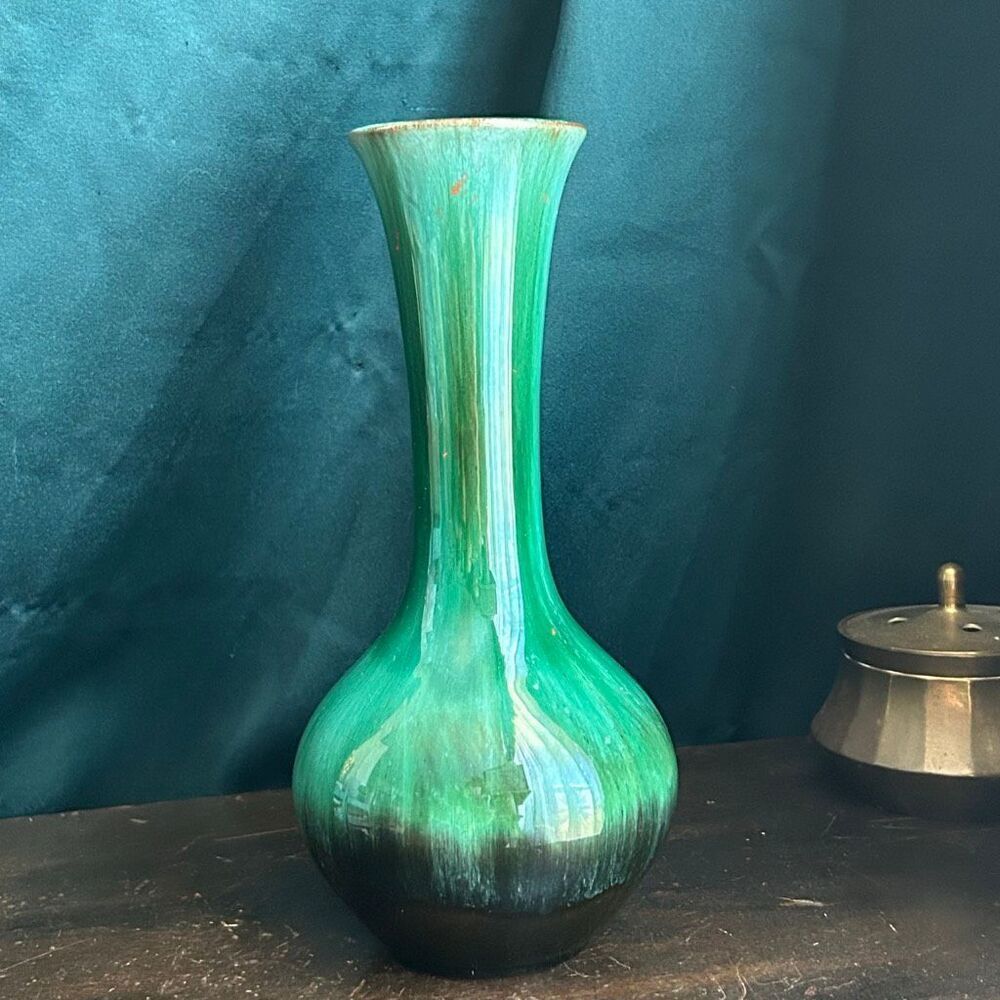 Blue Mountain Pottery Mid Century Green Drip Glaze Red Clay Bud Vase